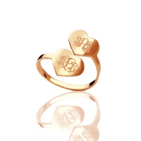 Monogram Ring Engraved Initials On Two Heart Rose Gold Silver
