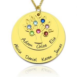 Colar personalizado com árvore genealógica em formato de disco e pedras de nascimento em ouro.
