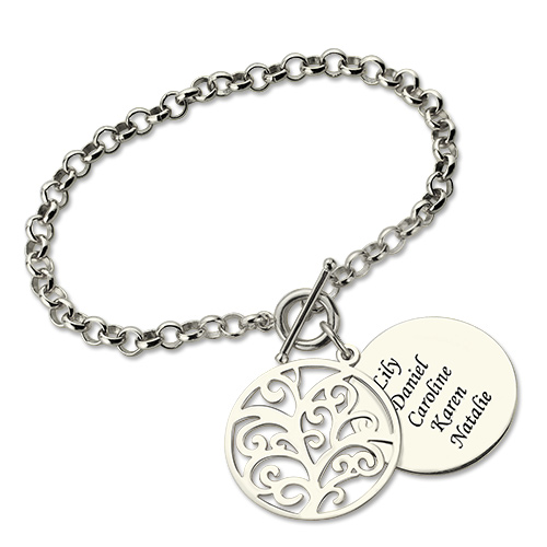 Pulseira com árvore genealógica e disco personalizada em prata de lei