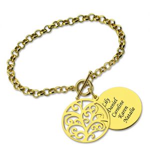 Pulseira com árvore genealógica e disco personalizada banhada a ouro