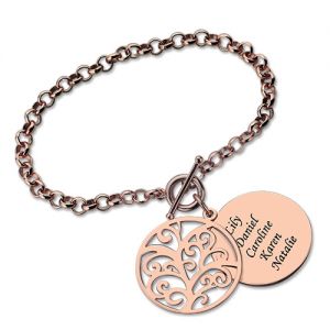 Pulseira com árvore genealógica e disco personalizada banhada a ouro rosa