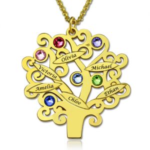 Colgante de árbol genealógico con nombre inscrito y piedras de nacimiento en oro