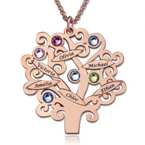 Colgante de árbol genealógico con nombres inscritos y piedras de nacimiento