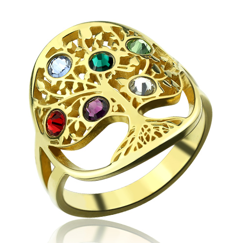 Anel com árvore genealógica e pedras zodiacais banhado a ouro, prata