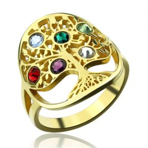 Anel com árvore genealógica e pedras zodiacais banhado a ouro, prata