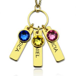 Fio em ouro com barra com gravação dos 3 filhos com pedras zodiacais para mães