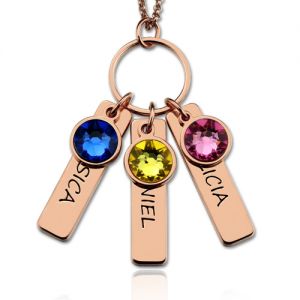 Engraved Bar Necklace with Birthstones for Mothers In Rose Gold