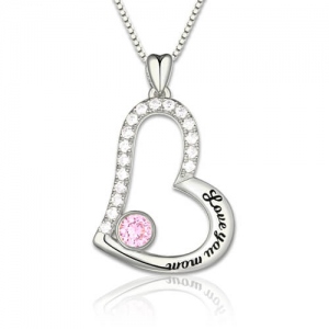 "Love You Mom " Birthstone Necklace In Sterling Silver