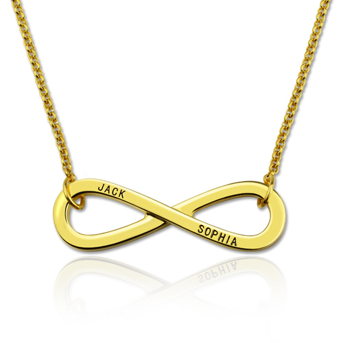 Colar com símbolo do infinito com nome gravado em prata banhado a ouro