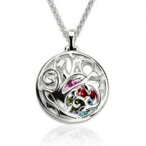 Collar de árbol genealógico en jaula redonda con piedra de nacimiento bañado en platino