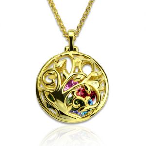 Collar de árbol genealógico en jaula redonda con piedra de nacimiento bañado en oro