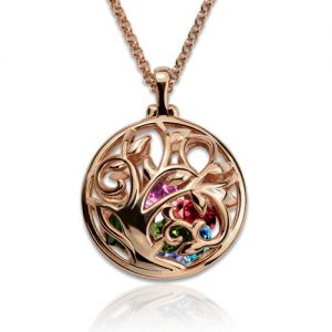 Collar de árbol genealógico en jaula redonda con piedra de nacimiento en oro rosa
