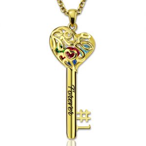 Necklace for Grandma Heart Cage Key Necklace With Birthstones Gold Plated