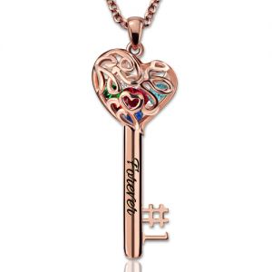 Necklace for Grandma Heart Cage Key Necklace With Birthstones In Rose Gold