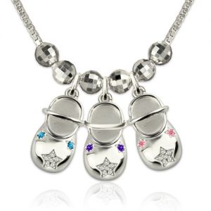 Engraved Baby Shoe Charm Necklace with Birthstones Platinum Plated