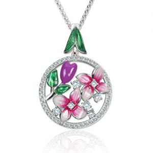 Flowers Pendant Necklace with Birthstones Platinum Plated