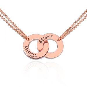 Engraved Interlocking Two Circle Necklace Rose Gold