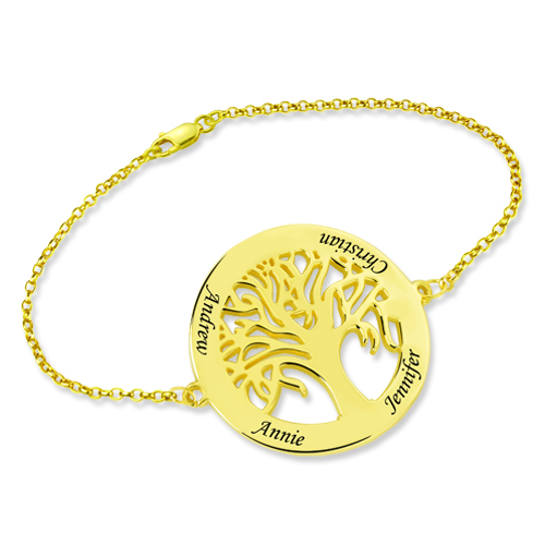 Pulseira personalizada com árvore genealógica gravada em ouro e 4 nomes