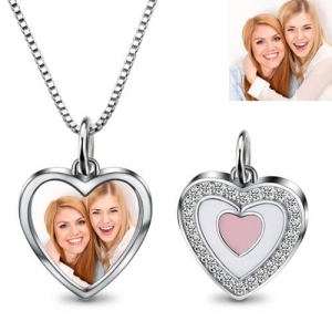Heart Photo Charms Pendant Crystal in Sterling Silver