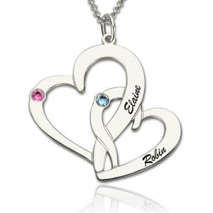 Interlocking Two-Heart Necklace with Names & Birthstones