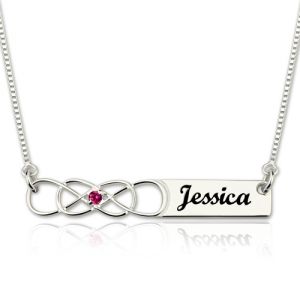 Double Infinity Bar Name Necklace with Birthstone Sterling Silver
