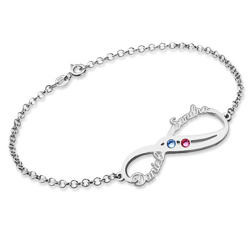 Pulseira com nomes e símbolo do infinito em prata de lei com pedras zodiacais
