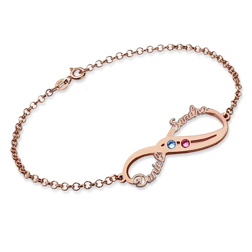 Pulseira com nomes com símbolo de infinito com pedras zodiacais em ouro rosa