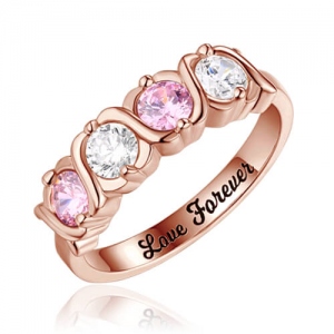 Personalisierer Küsse und Umarmungen XoXo Ring mit Vier Geburtssteinen Rosa Gold Silber 925