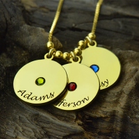 Mother's Disc and Birthstone Charm Name Necklace 18k Gold