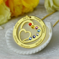 Circle Family Heart in Heart Birthstone Name Necklace Gold Plated