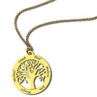 Circle 5 Family Names Tree of Life Pendant Necklace in Gold