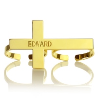 Engraved Name Two-Finger Cross Ring 18k Gold Plated