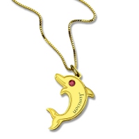 Dolphin Pendant Name Necklace with Birthstone 18k Gold