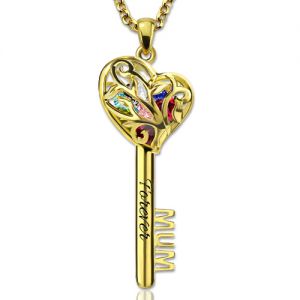 Necklace for Grandma Heart Cage Key Necklace With Birthstones Gold Plated