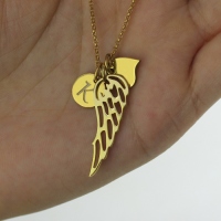 Good Luck Angel Wing Necklace with Initial Charm 18k Gold