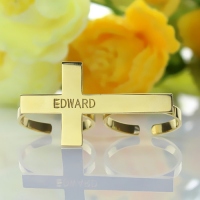 Engraved Name Two-Finger Cross Ring 18k Gold Plated