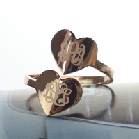 Monogram Ring Engraved Initials On Two Heart Rose Gold Silver