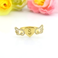 Angel Wings Heart Ring with Birthstone & Initial 18k Gold Plated