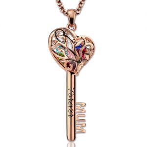 Necklace for Grandma Mum Heart Cage Key Necklace With Birthstones In Rose Gold