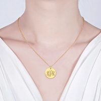 Disc Script Engraved Monogram Necklace 18K Gold Plated