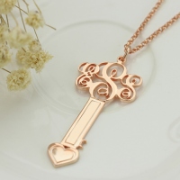 Rose Gold Key Heart Necklace with Fancy Monogram Initials