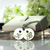 Collier Famille-2 Initiales et Pierres de Naissance-Argent