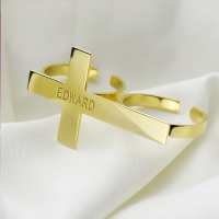 Engraved Name Two-Finger Cross Ring 18k Gold Plated