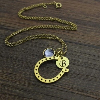 Birthstone Horseshoe Lucky Necklace with Initial Charm 18k Gold Plate