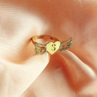Angel Wings Heart Ring with Birthstone & Initial 18k Gold Plated