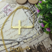 Gold Plated Silver Latin Cross Necklace Engraved Name 1.25"