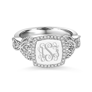 Classic Engraved Monogram Ring with Crystal for Women
