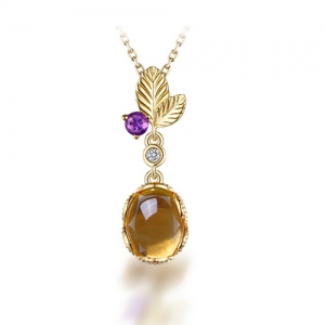Mother's Day Surprise Natural Citrine Leaves Pendant 18K Gold Plating Silver 18"
