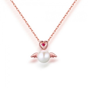 Angel Wings White Pearl Necklace With Small Ruby 18"