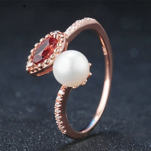 Natural White Pearl & Red Garnet Ring In Rose Gold